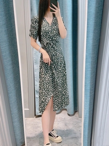蒂莎伊芙丽卡24夏季新款围裹式设计感绿色碎花连衣裙女1F4191481