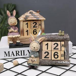 创意可爱小兔子日历摆件复古木制桌面装饰品手动木头日期牌小摆设