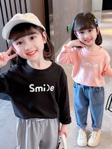 新2023年女童微笑T恤字母印字母棉料纯白长袖新款洋气时髦春秋品