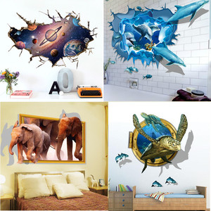 创意3d立体画海洋馆浴室卫生间装饰防水瓷砖贴纸蓝色鱼地中海墙贴