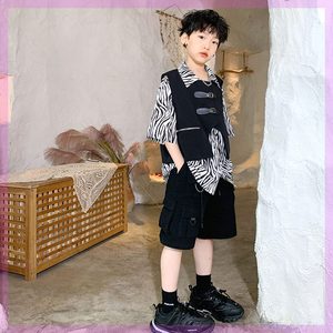 韩系三件套黑色西装皮扣马甲男童夏季新款机能风中大童街舞儿童工