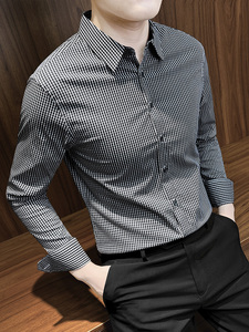 利郎᷂格子男士衬衫长袖夏季冰丝2024新款七分袖商务修身短袖衬衣