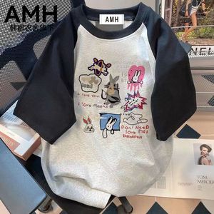 韩都衣舍旗下AMH美式纯棉短袖女t恤夏季插肩袖上衣设计感2023新款