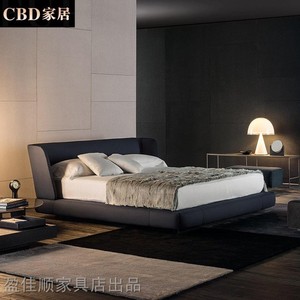 CBD家居官方意式极简布艺1.8m软床真皮现代双人床棉麻布北欧实木