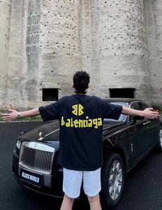 Balenciaga/巴黎世家23SS水洗黑黄色胶带字母logo印花破坏短袖T恤