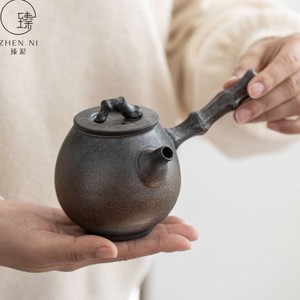 臻泥复古鎏金茶壶家用日式粗陶过滤泡茶壶手工陶瓷侧把壶功夫茶具