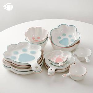 猫爪陶瓷盘子可爱家用早餐菜盘餐具日式儿童饭碗套装创意卡通