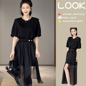 黑色连衣裙2024夏季新款开叉网纱裙今年流行漂亮两件套装长裙女
