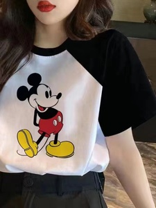 迪士尼官方纯棉短袖T恤女2024年夏季新款韩版宽松黑白撞色米奇洋