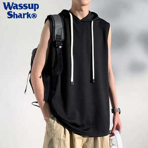 WASSUP SHARK夏季潮牌无袖T恤连帽背心冰丝宽松休闲运动速干上衣