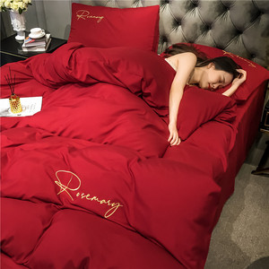 新婚床罩四件套红色系床上用品床套婚房布置家用单三件套