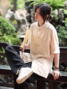 新中式男装中山装短袖衬衫男女夏季麻棉中国风复古中袖衬衣唐装潮