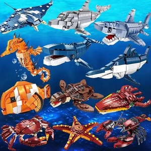2024海洋馆生物动物男孩益智拼装搭模型乐高积木玩具螃蟹龙虾鲨鱼
