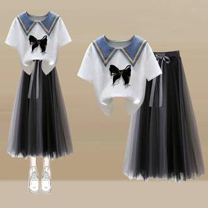 女学生套装2023夏季韩版宽松学院风小熊娃娃领卡通T恤+纱裙两件套