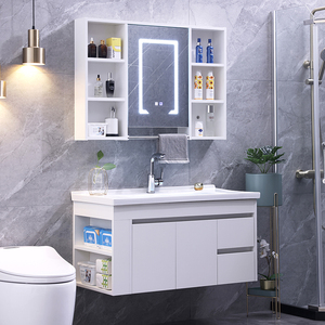 现代实木浴室柜组合套装带左右侧边储物柜挂墙式洗手台洗脸盆柜子