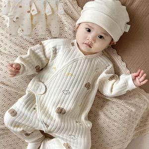 全棉时代春季婴儿连体衣男女宝宝夹棉保暖护肚哈衣蝴蝶衣打底衫