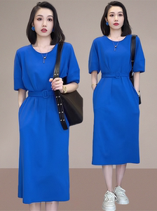 歌莉娅克莱因蓝连衣裙女夏季2024新款设计感小众收腰显瘦休闲长款