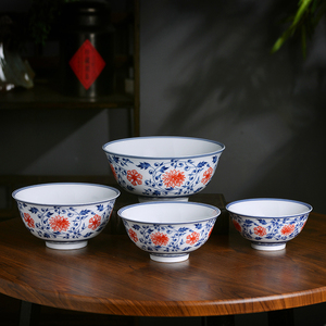 景德镇高温青花瓷碗仿古缠枝红家用饭碗中式经典陶瓷餐具面碗粥碗