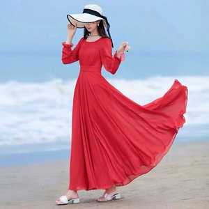 红色大摆长袖连衣裙女春夏巴厘岛沙滩裙海边度假波西米亚雪纺长裙