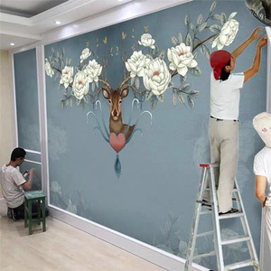 麋鹿电视背景墙壁纸美式轻奢壁画客厅卧室墙纸影视墙鹿头民宿墙布