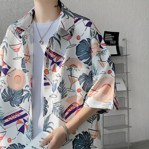 HM短袖衬衫男夏季潮牌宽松薄款花色冰丝夏威夷青少年沙滩休闲衬衣