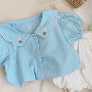 甜美刺绣韩国童装女童夏装宝宝纯棉短袖衬衣儿童娃娃衫上衣两件套