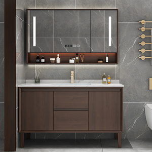 心海伽蓝现代新中式浴室柜组合实木洗手池卫生间智能橡木洗漱台陶