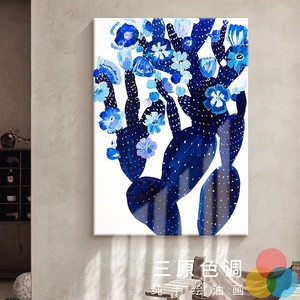 蓝色抽象仙人掌花卉纯手绘油画玄关柜装饰画写意花朵客厅挂画竖版