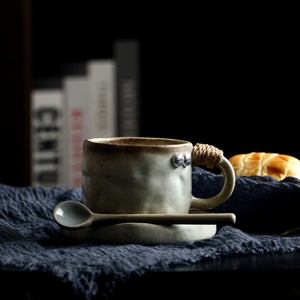 日式粗陶咖啡杯碟套装高颜值简约意式手捏陶瓷杯复古咖啡套具家用