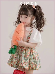 夏季新款韩版2024女童衬衫开扣上衣娃娃衫碎花背带连衣裙公主套装