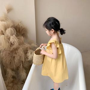 巴拉巴柆清货宝宝裙子夏天2024新款黄色飞袖连衣裙儿童裙小女童棉