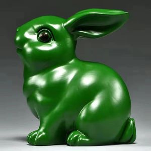 绿色实木雕刻兔子摆件三合风水十二生肖木头兔家居客厅装饰品送礼