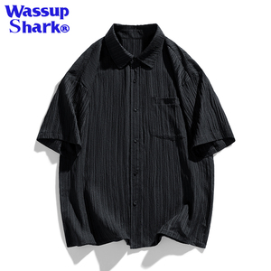 WASSUPSHARK日系纯色衬衫男夏季薄款宽松百塔短袖情侣休闲外套