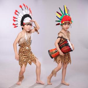 非洲鼓演出服儿童印第安土著人服装幼儿原始人猎人表演服野人服装