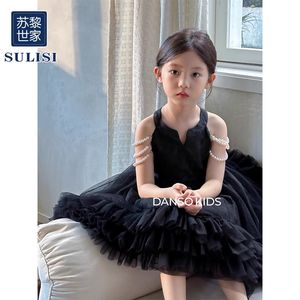 巴拉巴拉韩系苏黎世家女童新款黑珍珠连衣裙儿童裙子夏季小女孩纱