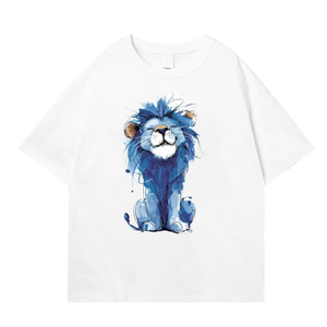 可爱卡通蓝色狮子儿童纯棉短袖t恤男女童夏季2024新款中大童上衣