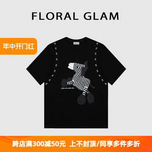 Floral Glam 纯棉短袖T恤女黑色2024夏季新款小马图案撞色上衣