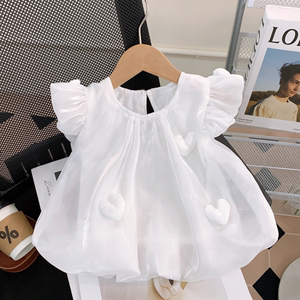 巴拉巴柆韩系女童仙气短袖2024新款夏装休闲上衣宝宝娃娃衫衬衣韩