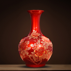 高档陶瓷花瓶景德镇红色牡丹中式客厅电视柜插花装饰品瓷瓶摆件