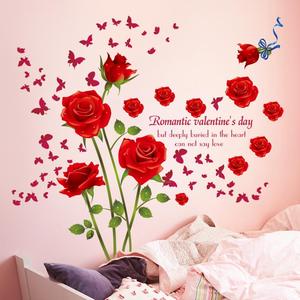 卧室床头墙上墙贴画自粘装饰3d立体红色玫瑰帖花贴纸墙纸墙画壁纸