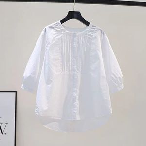 白色纯棉衬衫女士2024年春夏新款独特别致法式宽松五分袖衬衣上衣