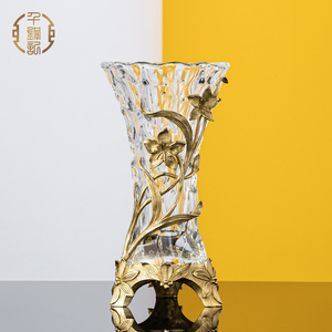 欧式水晶玻璃镶铜花瓶摆件客厅插花器美式高档奢华别墅玄关装饰品