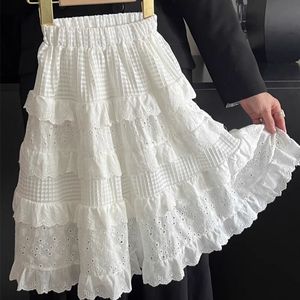 巴拉巴柆韩系女童夏款中长款半身裙2024夏季中大童高腰白色蕾丝花
