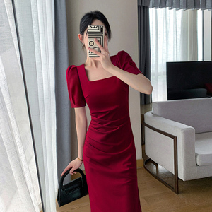 红色连衣裙女夏2024新款法式气质回门敬酒服晚礼服修身显瘦订婚裙