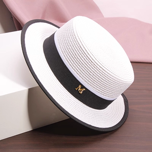 白色凉帽英伦时尚法式模特礼帽平顶小檐草帽女遮阳草编帽子太阳帽