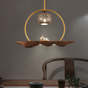 实木陶瓷新中式LED小吊灯创意个性茶室阳台吧台木艺书房过道门厅