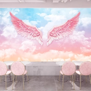 打卡直播间背景墙纸天使翅膀壁画服装奶茶店壁布清新羽毛背景墙布