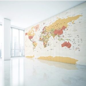 中英文世界地图墙布办公会议室背景墙纸儿童房卧室壁画图书馆壁纸