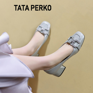 TATA PERKO女鞋法式通勤水钻单鞋女夏真皮粗跟百搭方头高跟小皮鞋
