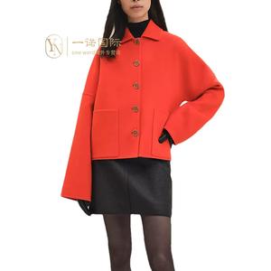 【订金】什么款式都有~新款女装橘红色压纹皮革双面羊绒厚呢大衣